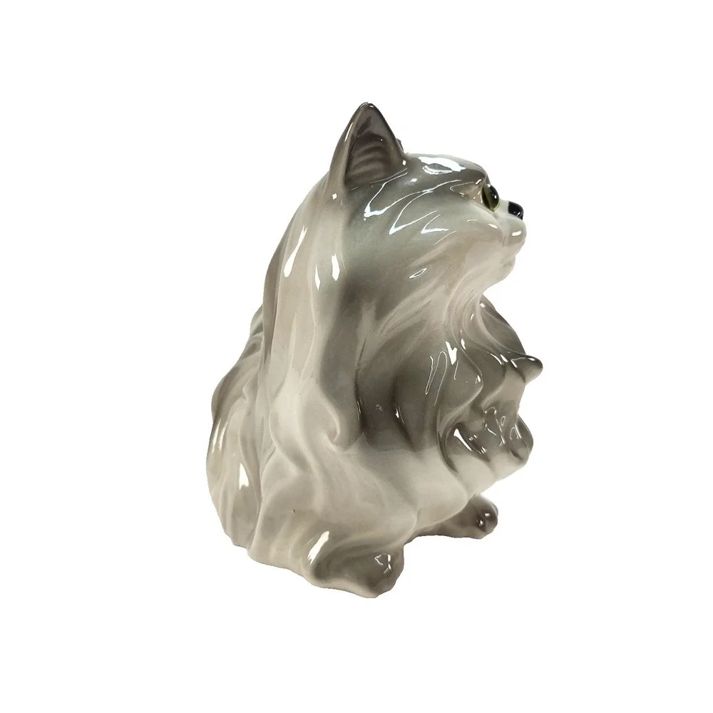 Vintage Large Ceramic Cat Grey Persian MCM Glossy Glaze Finish 17